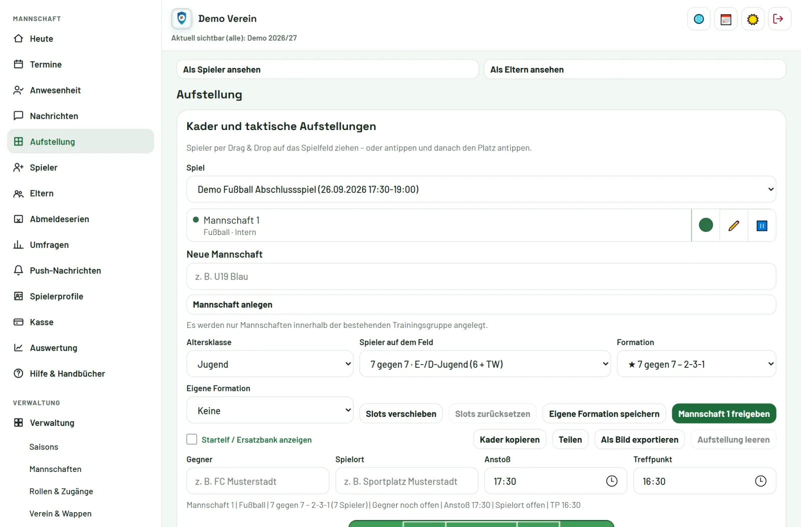 Trainer am Computer: Kader und taktische Aufstellung für ein Spiel
