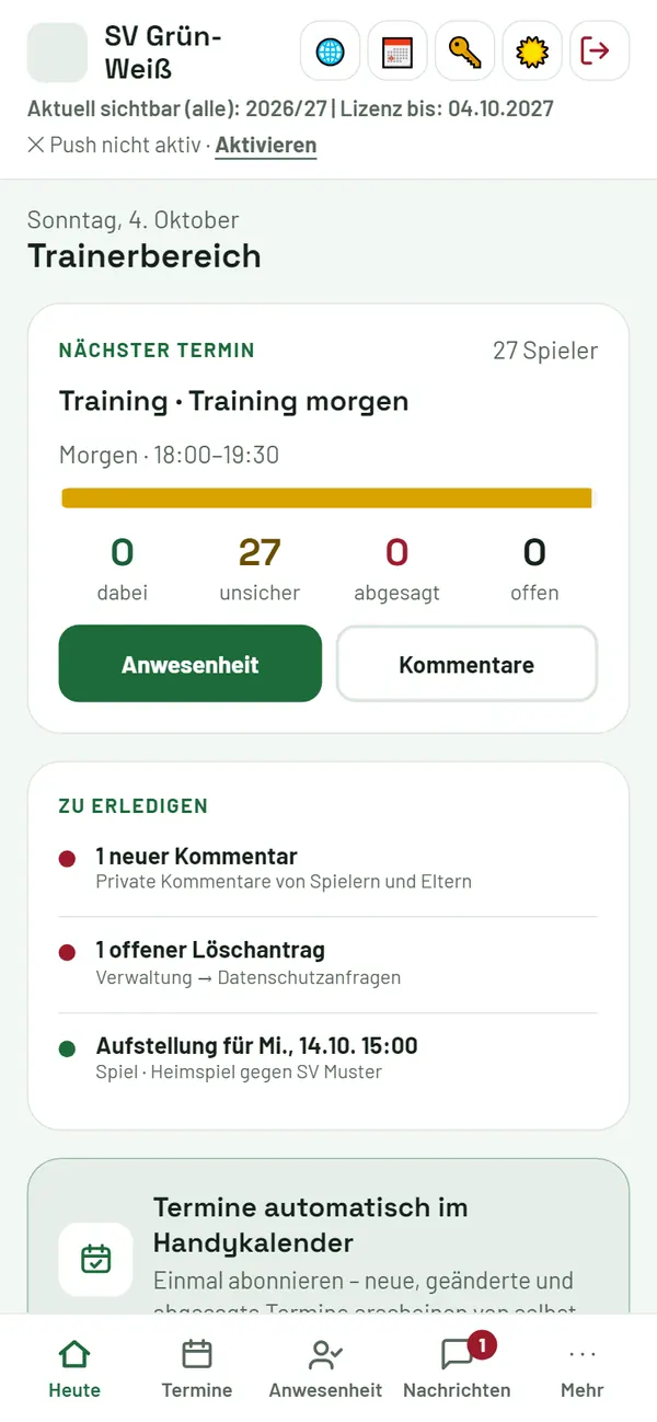 Heute: Startseite des Admins