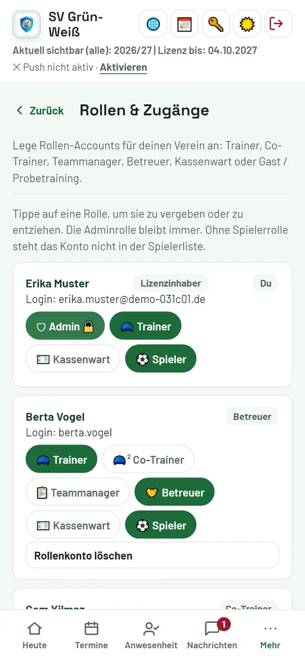 Rollen & Zugänge: Trainer, Kassenwart, Co-Trainer anlegen