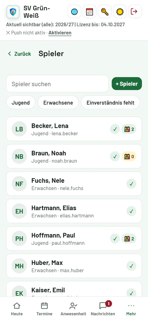 Spieler: Liste, + Spieler, Zugangskarten