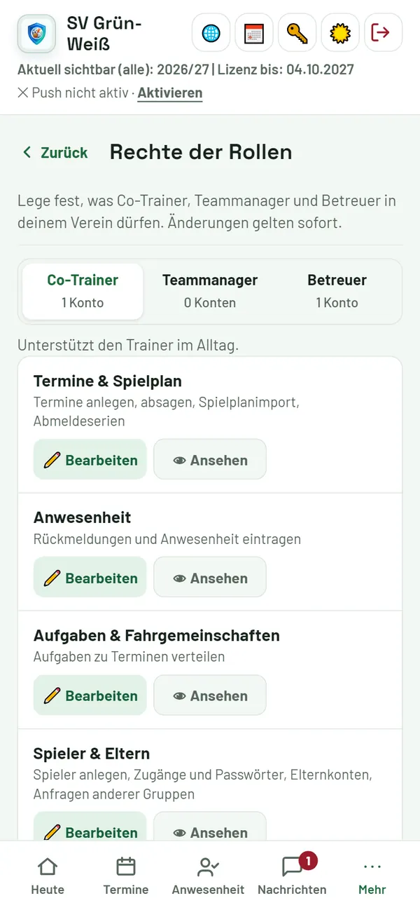 Rechte der Rollen: was Co-Trainer, Teammanager, Betreuer dürfen