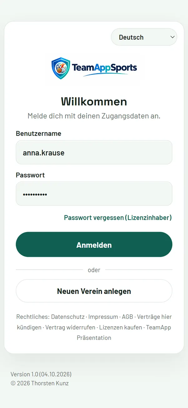 Anmeldung mit den Zugangsdaten vom Trainerteam