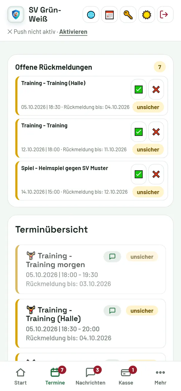Termine: offene Rückmeldungen und Terminübersicht