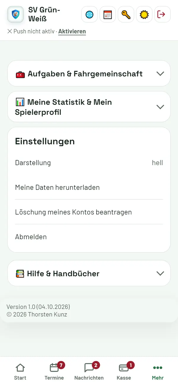 Mehr: Aufgaben, Fahrgemeinschaft, Statistik, Einstellungen