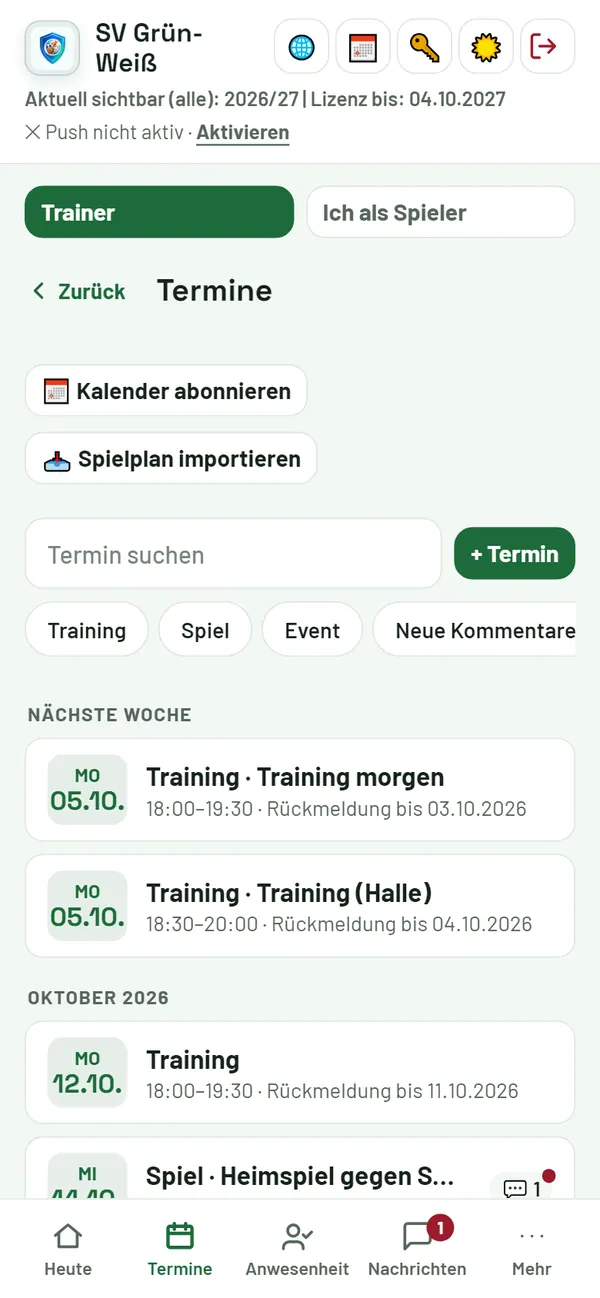 Termine: + Termin, Spielplan importieren, Kalender abonnieren