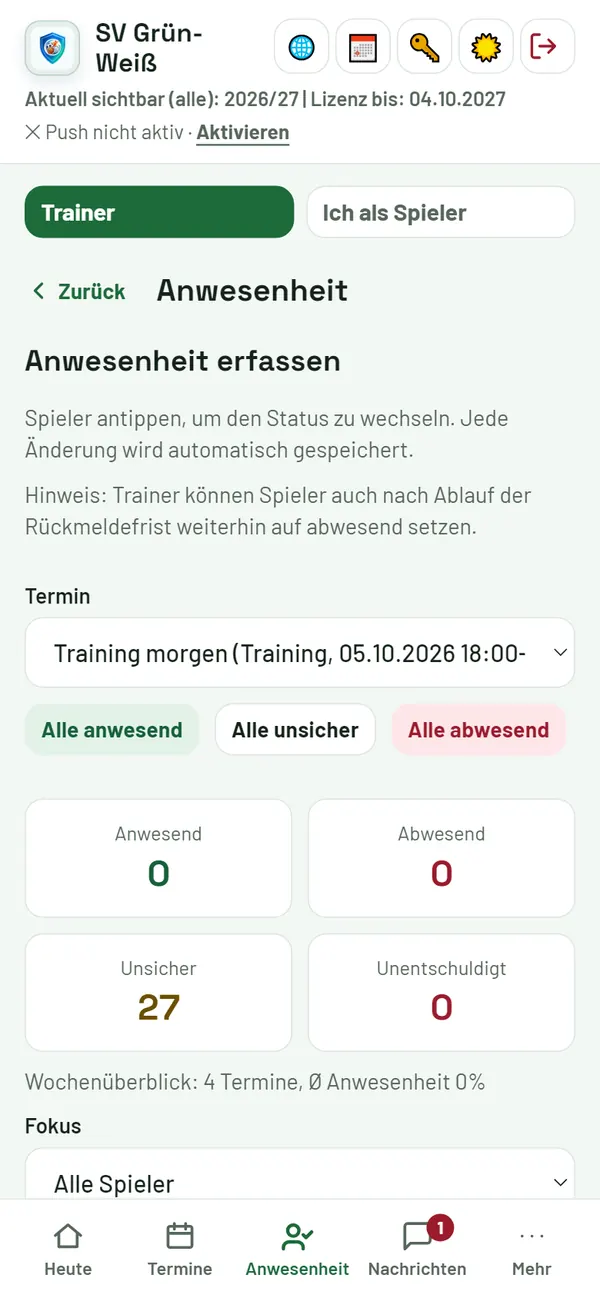 Anwesenheit erfassen: Spieler antippen, Status wechselt