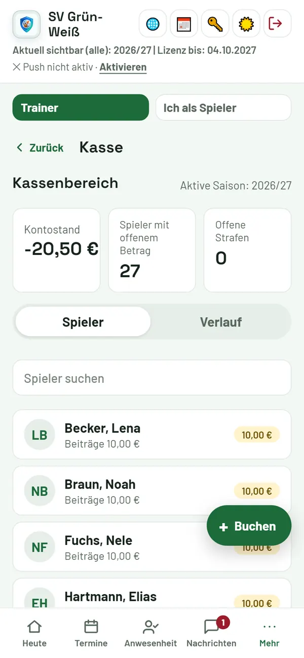Kasse: Kontostand, offene Beträge je Spieler