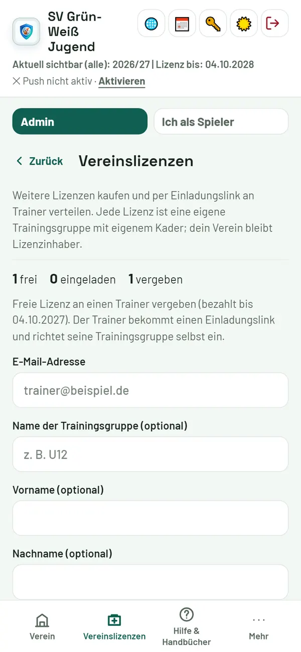 Vereinslizenzen: frei, eingeladen, vergeben