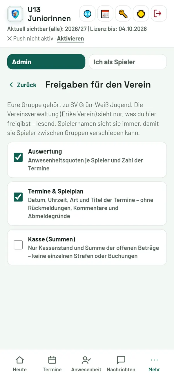 Trainer-Ansicht: Freigaben für den Verein