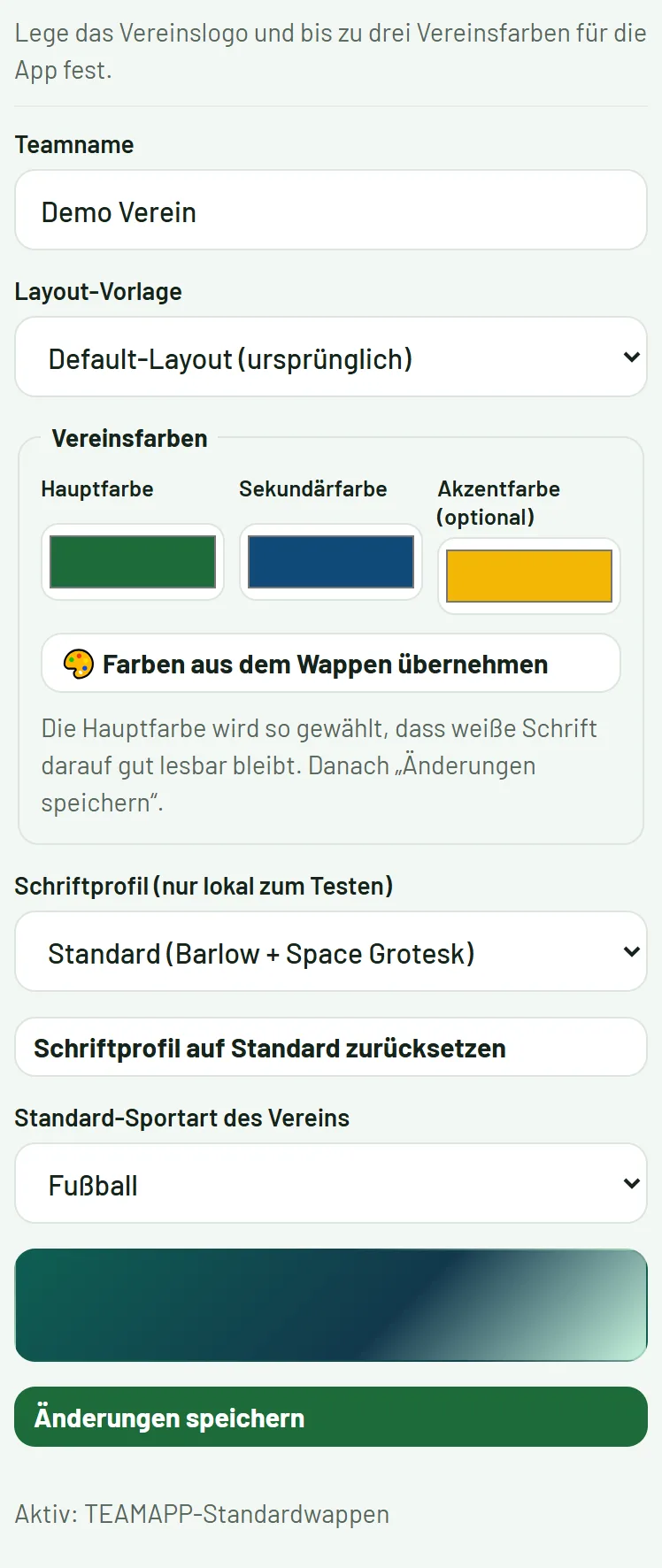 Verwaltung → Verein & Wappen: Teamname, Layout, Schrift, Sportart und Wappen