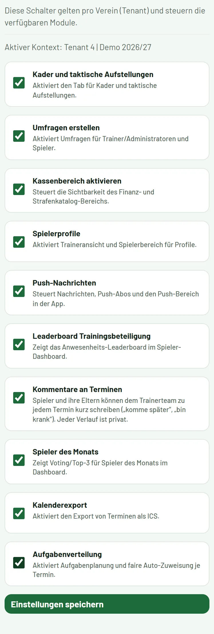 Verwaltung → Funktionen an/aus: Module pro Verein aktivieren