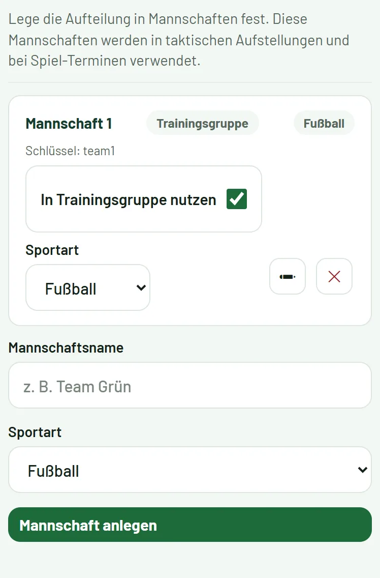 Verwaltung → Mannschaften: Trainingsgruppen innerhalb des Vereins