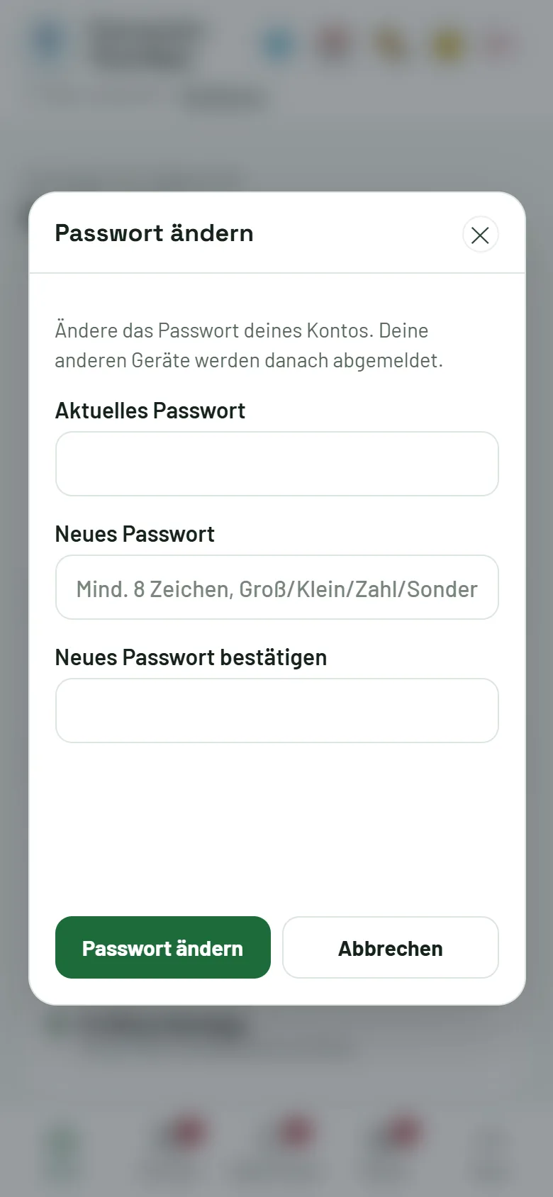 Passwort ändern: aktuelles und neues Passwort eingeben