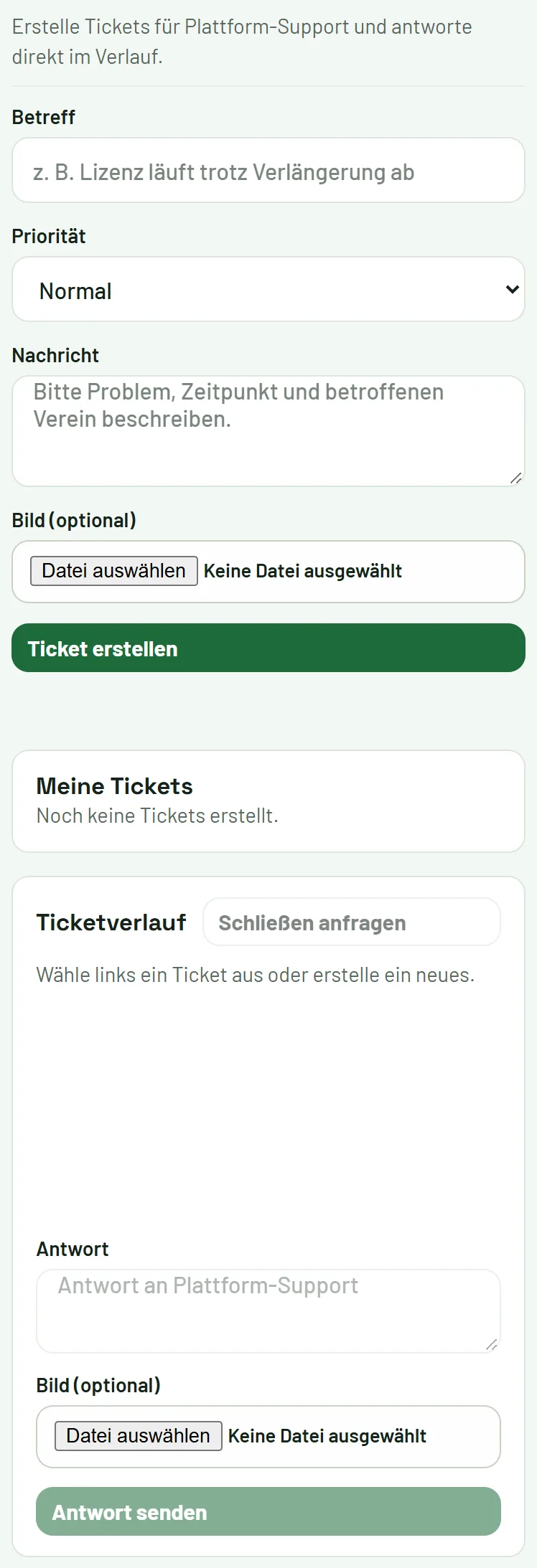 Verwaltung → Support-Center: Ticket erstellen und Verlauf ansehen