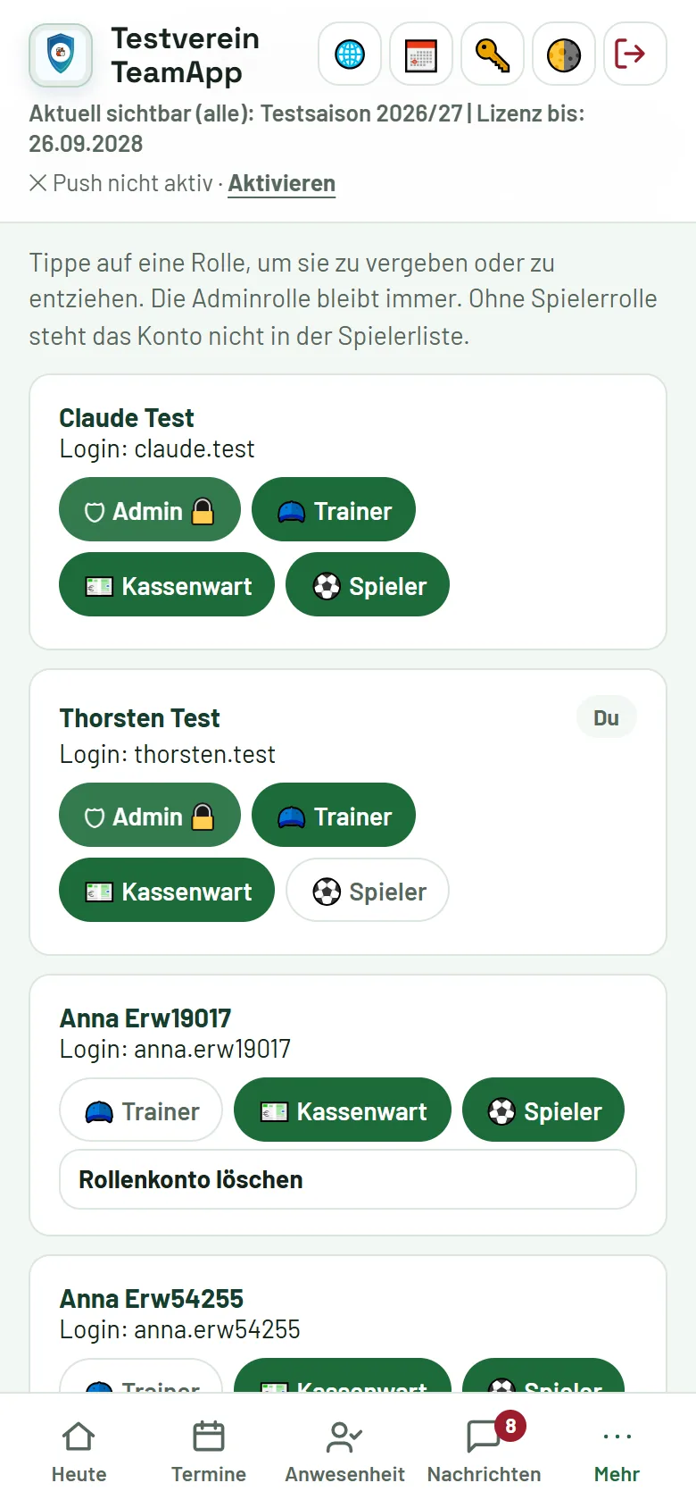 Verwaltung → Rollen & Zugänge: Rollenkonto für Trainer oder Kassenwart anlegen