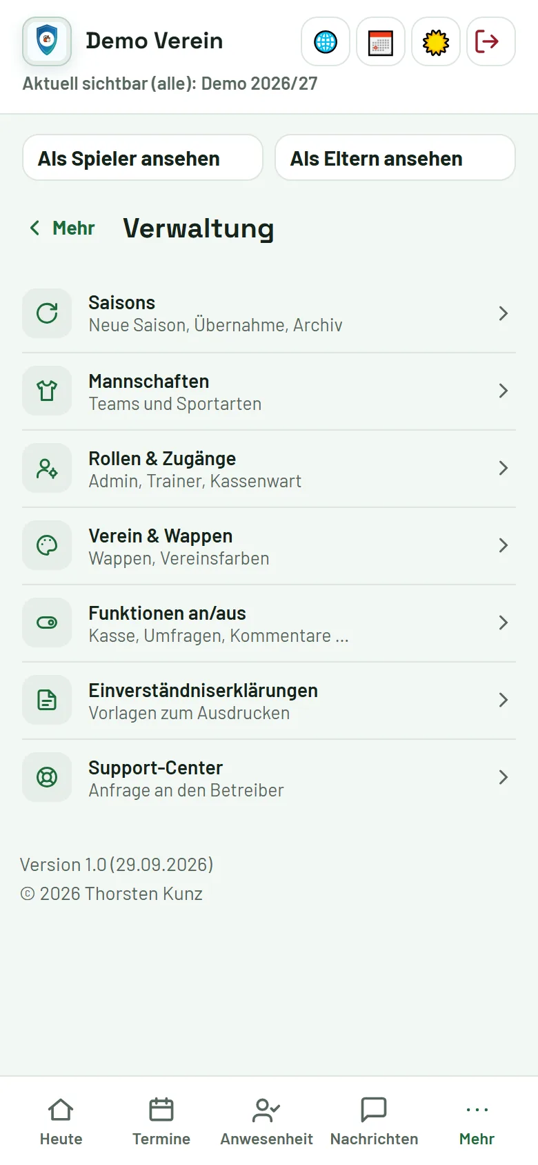 Mehr → Verwaltung: alle Einstellungen des Vereins als Liste