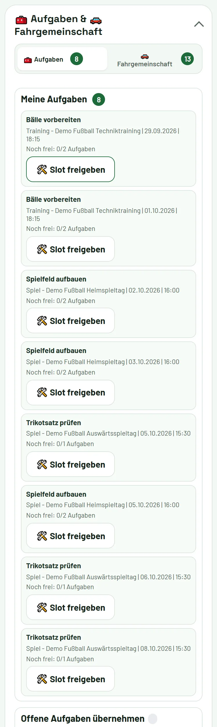 Aufgaben & Fahrgemeinschaft → Aufgaben: eigene Aufgaben und offene Aufgaben übernehmen