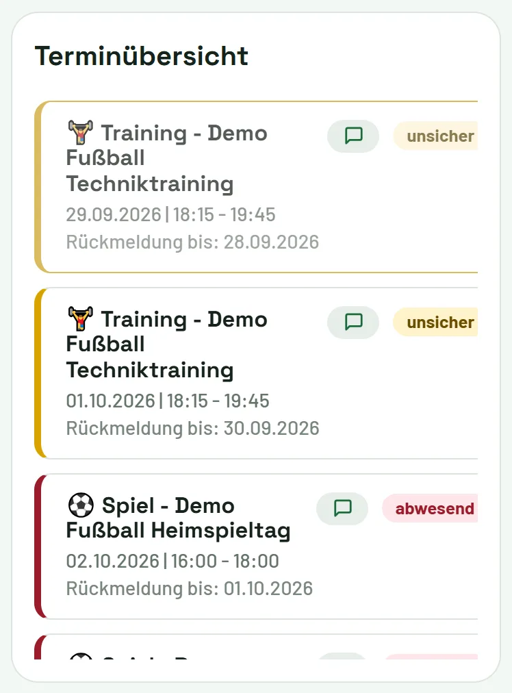 Terminübersicht: Farbe und Etikett zeigen den aktuellen Rückmeldestatus