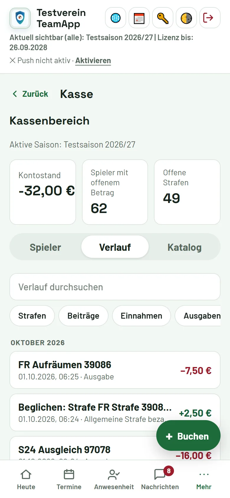 Kasse → Verlauf: Strafen, Beiträge, Einnahmen und Ausgaben nach Monaten