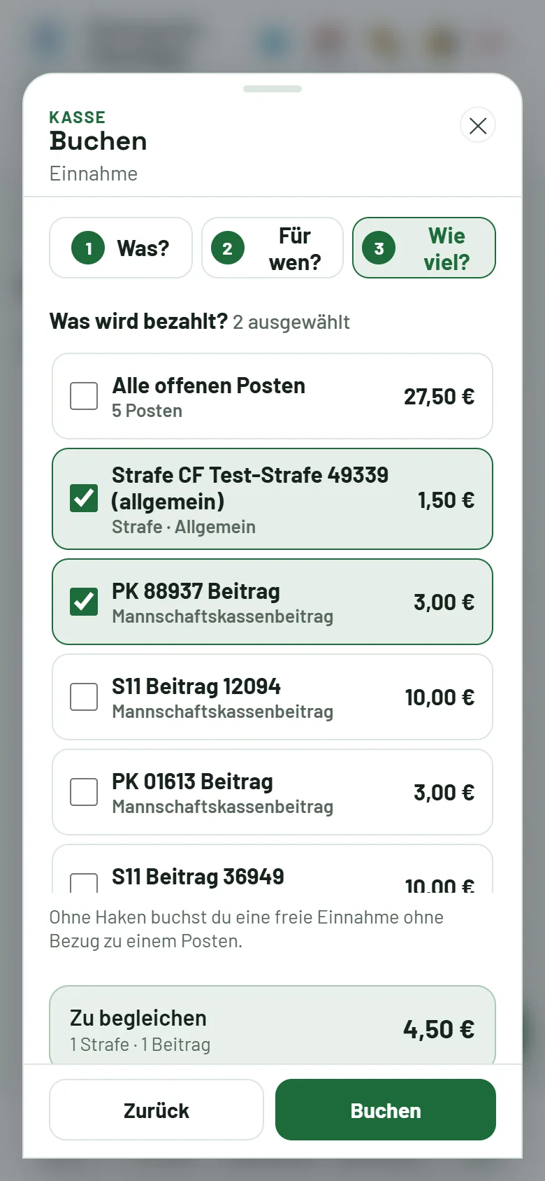 Buchen → Einnahme: offene Posten des Spielers anhaken, der Kasten „Zu begleichen“ zeigt Anzahl und Summe