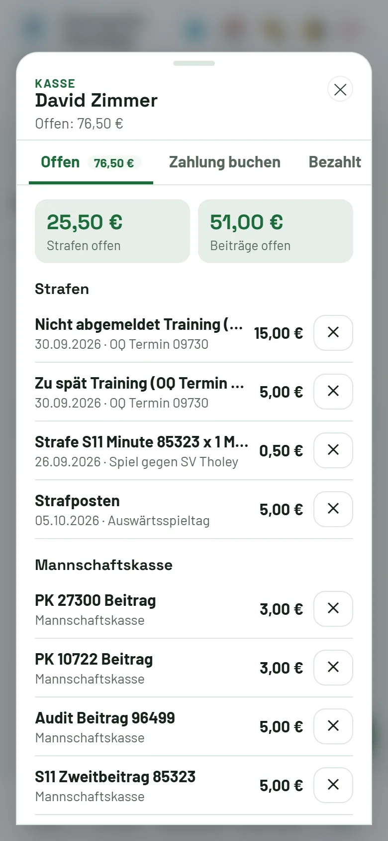 Spieler-Fenster der Kasse: offene Posten, Zahlung buchen, Bezahlt
