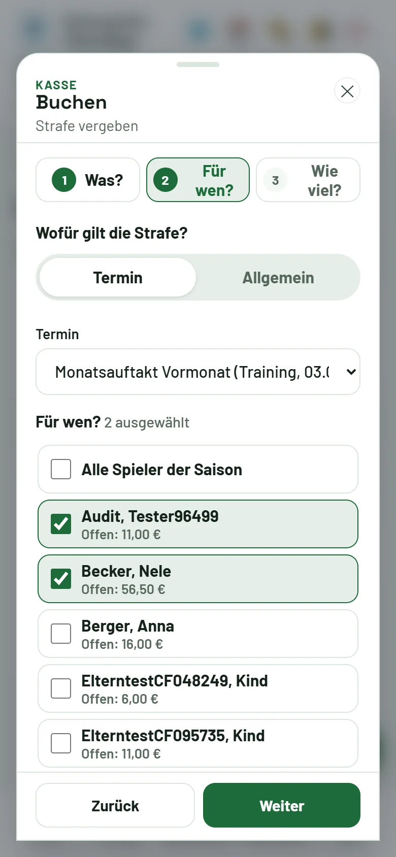 Buchen → Strafe vergeben: Termin oder Allgemein, Termin wählen, Spieler ankreuzen