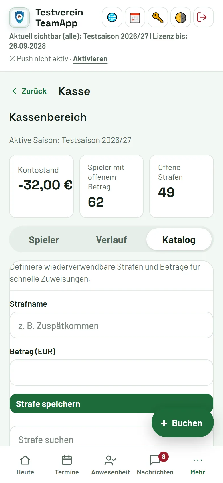 Kasse → Katalog: Strafen anlegen, Beträge anpassen, entfernen