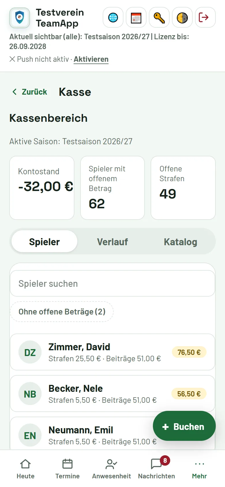 Kasse: Kontostand, offene Beträge, Reiter Spieler | Verlauf | Katalog und der Knopf „Buchen“