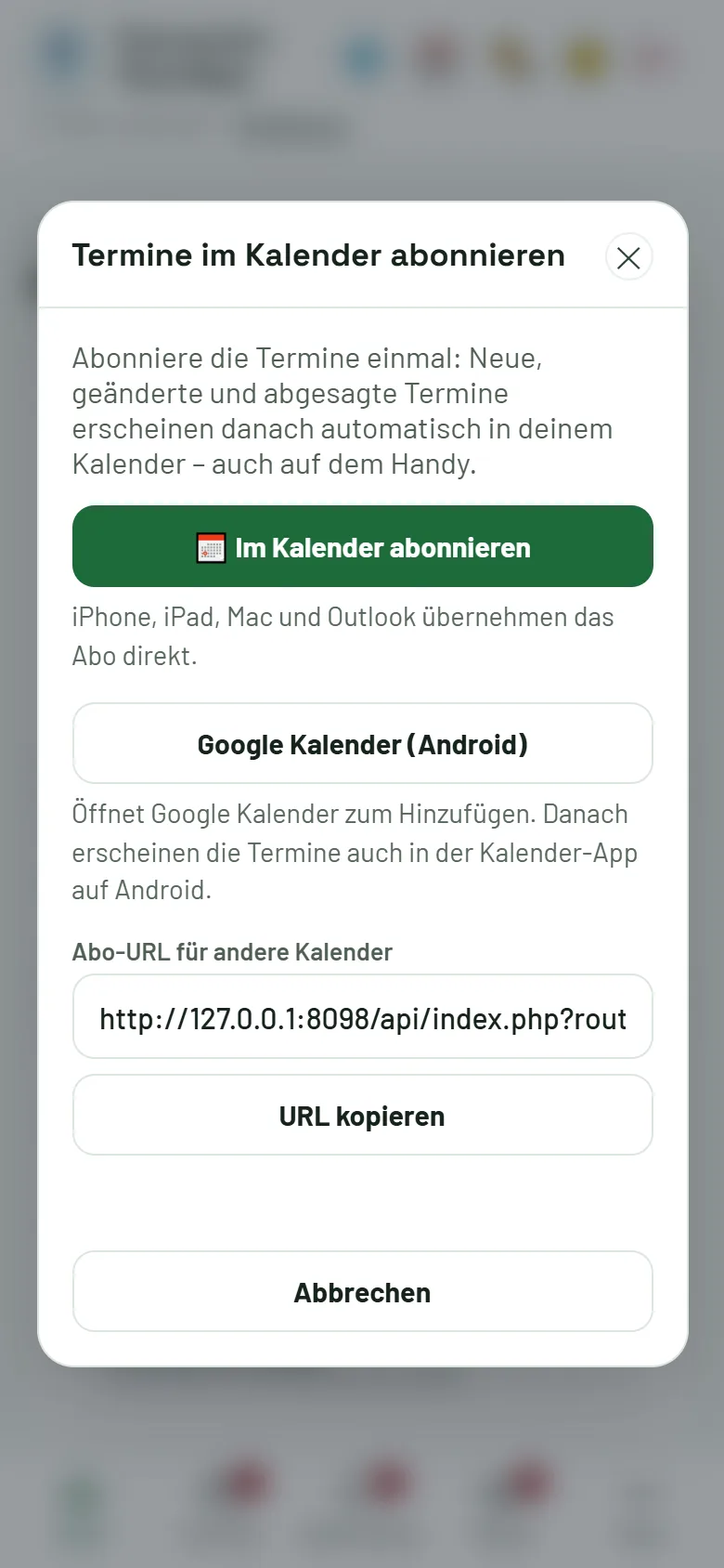 Dialog zum Abonnieren der Termine im Kalender
