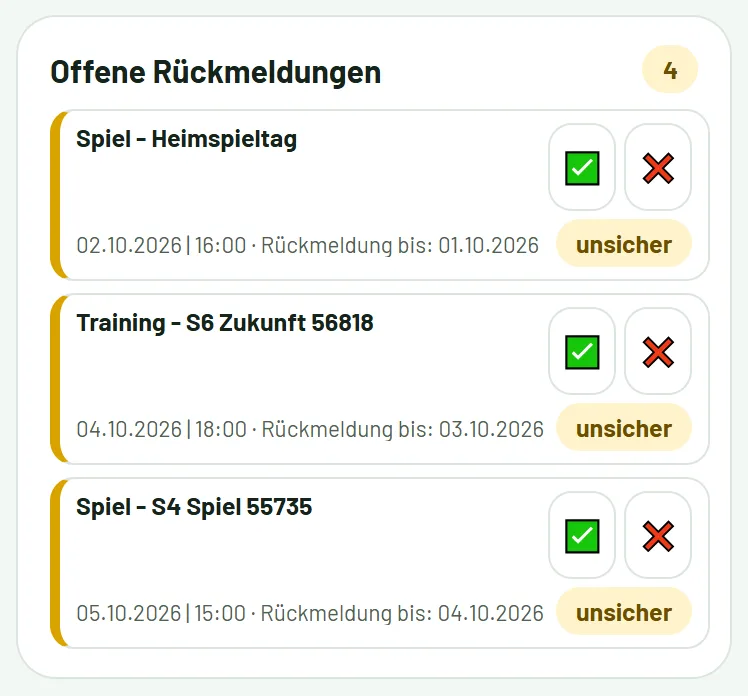 Offene Rückmeldungen: mit ✅ zusagen oder ❌ absagen