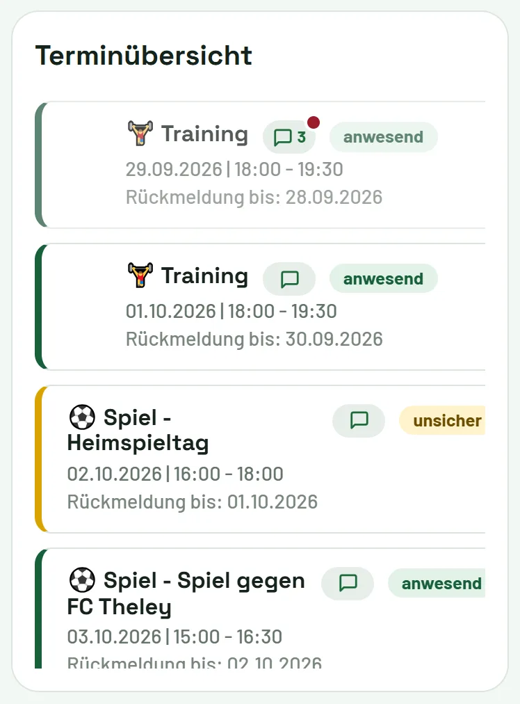 Terminübersicht: Art des Termins vorne, dein Status rechts, daneben die Sprechblase für Kommentare