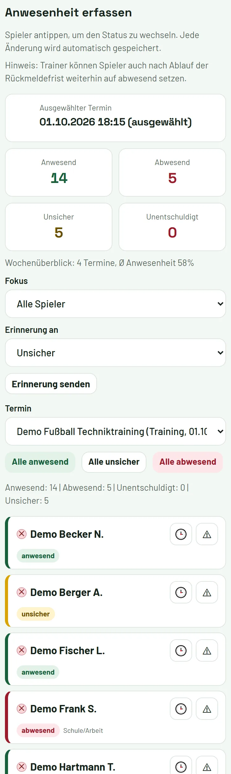 Anwesenheit: Kennzahlen, Schnellaktionen und Status je Spieler