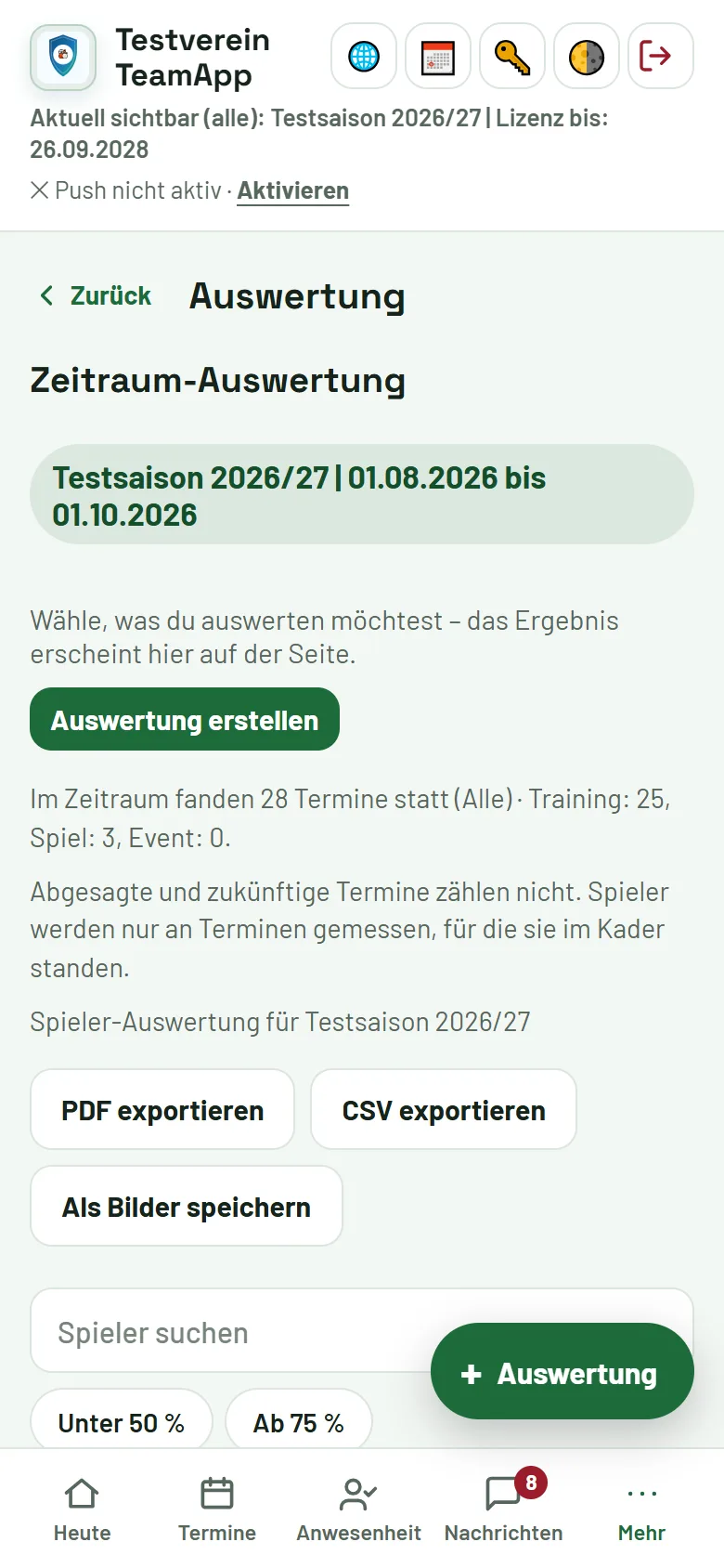 Mehr → Auswertung: Teilnahmequote pro Spieler im gewählten Zeitraum
