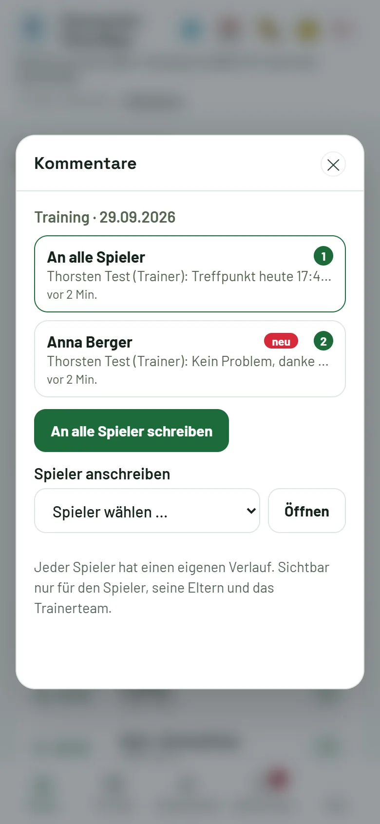 Kommentare eines Termins: „An alle Spieler“ und je Spieler ein Verlauf