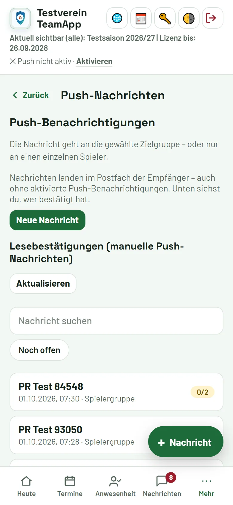 Mehr → Push-Nachrichten: Lesebestätigungen als Karten und der Knopf „Nachricht“