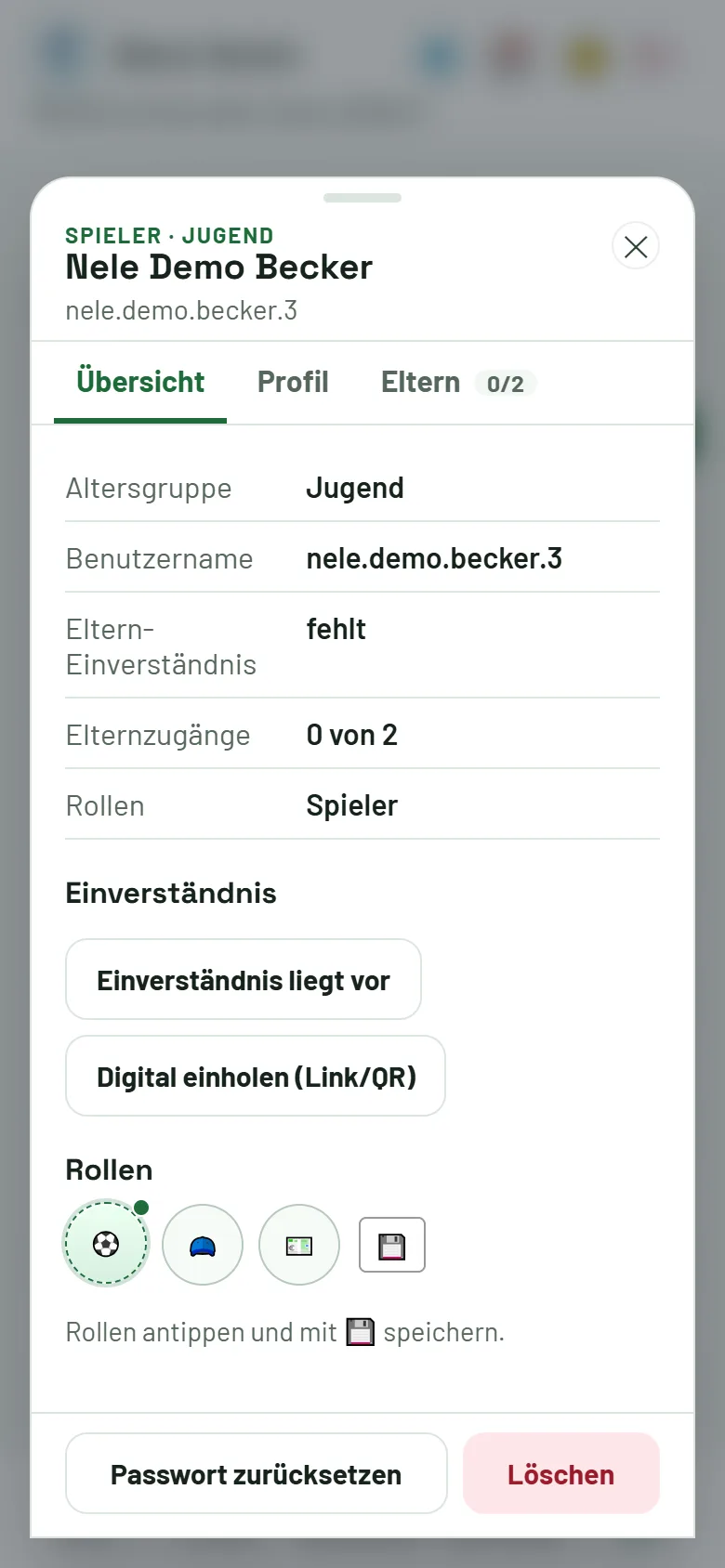 Spieler-Fenster: Übersicht mit Einverständnis und Rollen