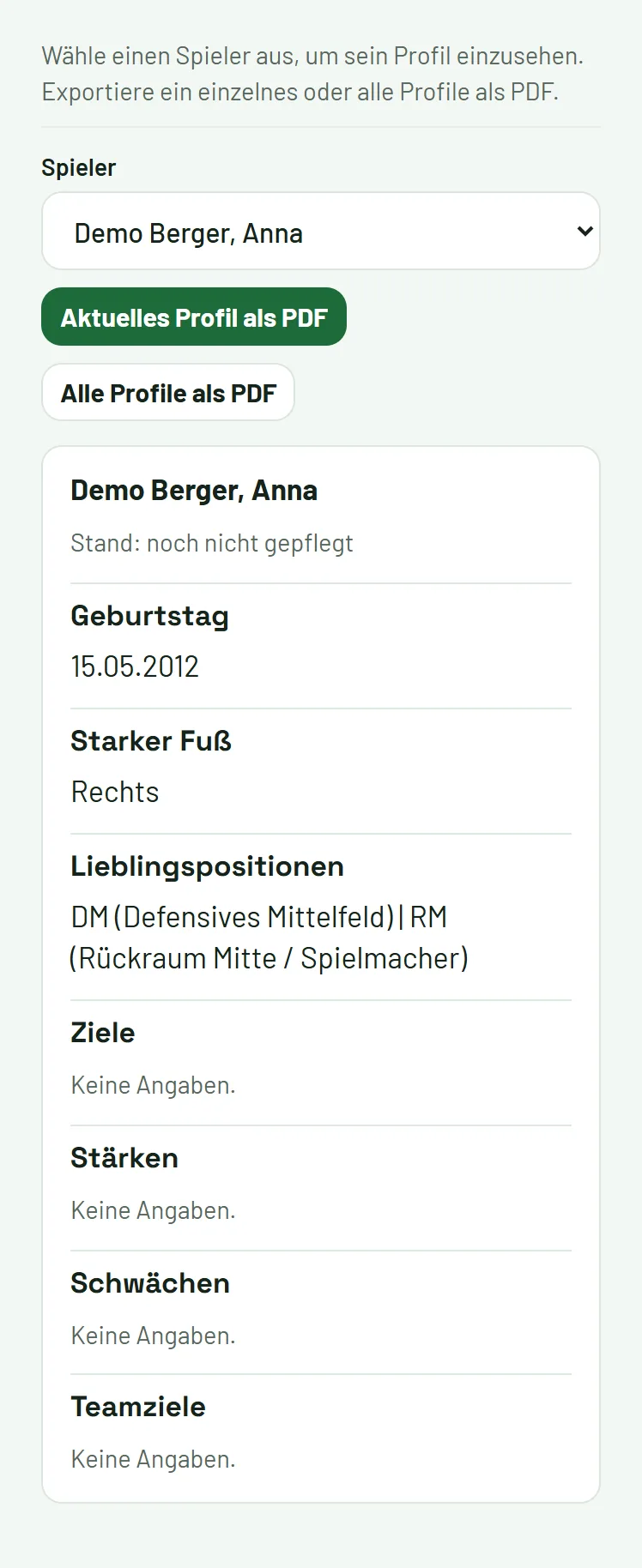 Mehr → Spielerprofile: Profil ansehen und als PDF exportieren