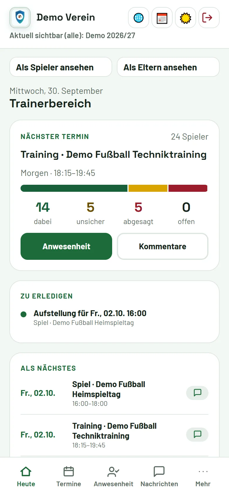 Heute auf dem Smartphone: nächster Termin mit Rückmeldungen, Zu erledigen, Als nächstes