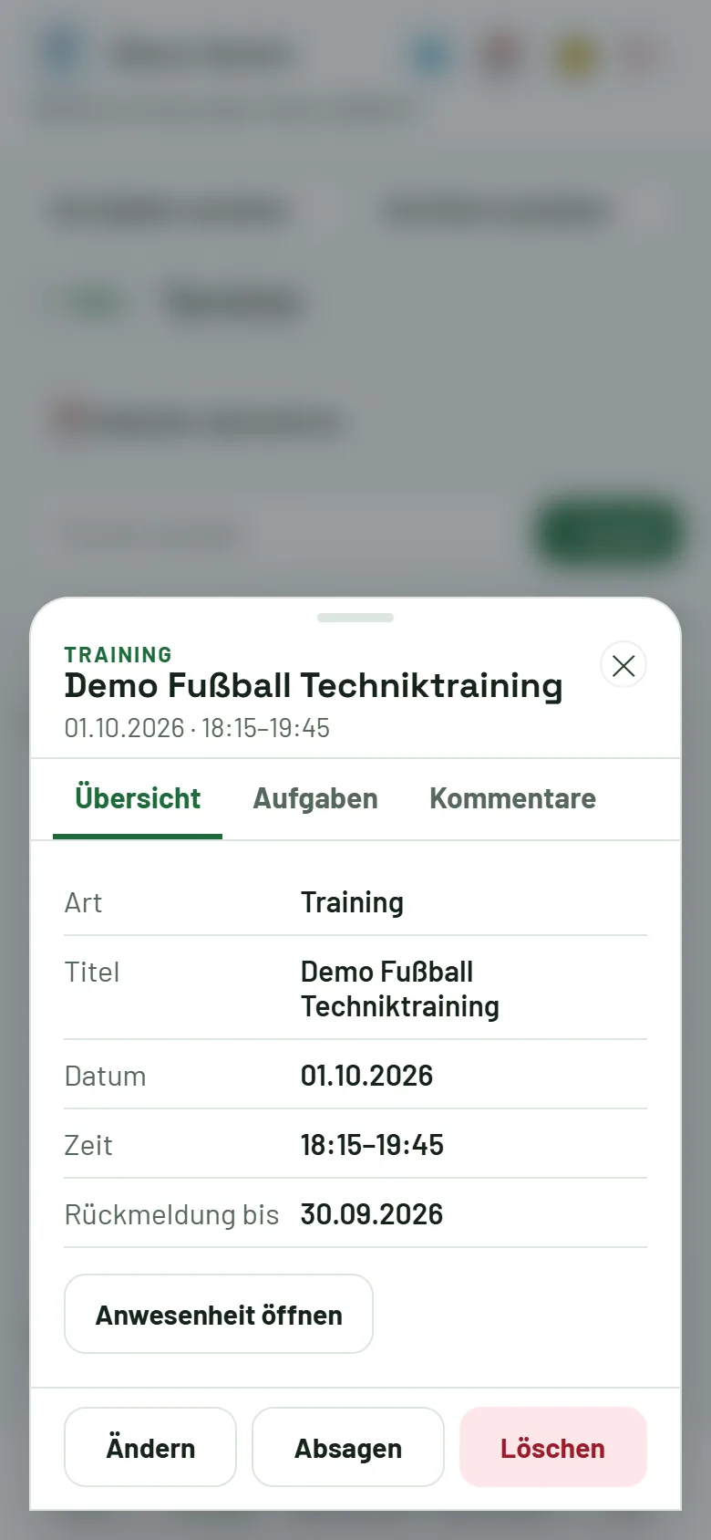 Termin-Fenster: Übersicht, Aufgaben, Kommentare und Aktionen
