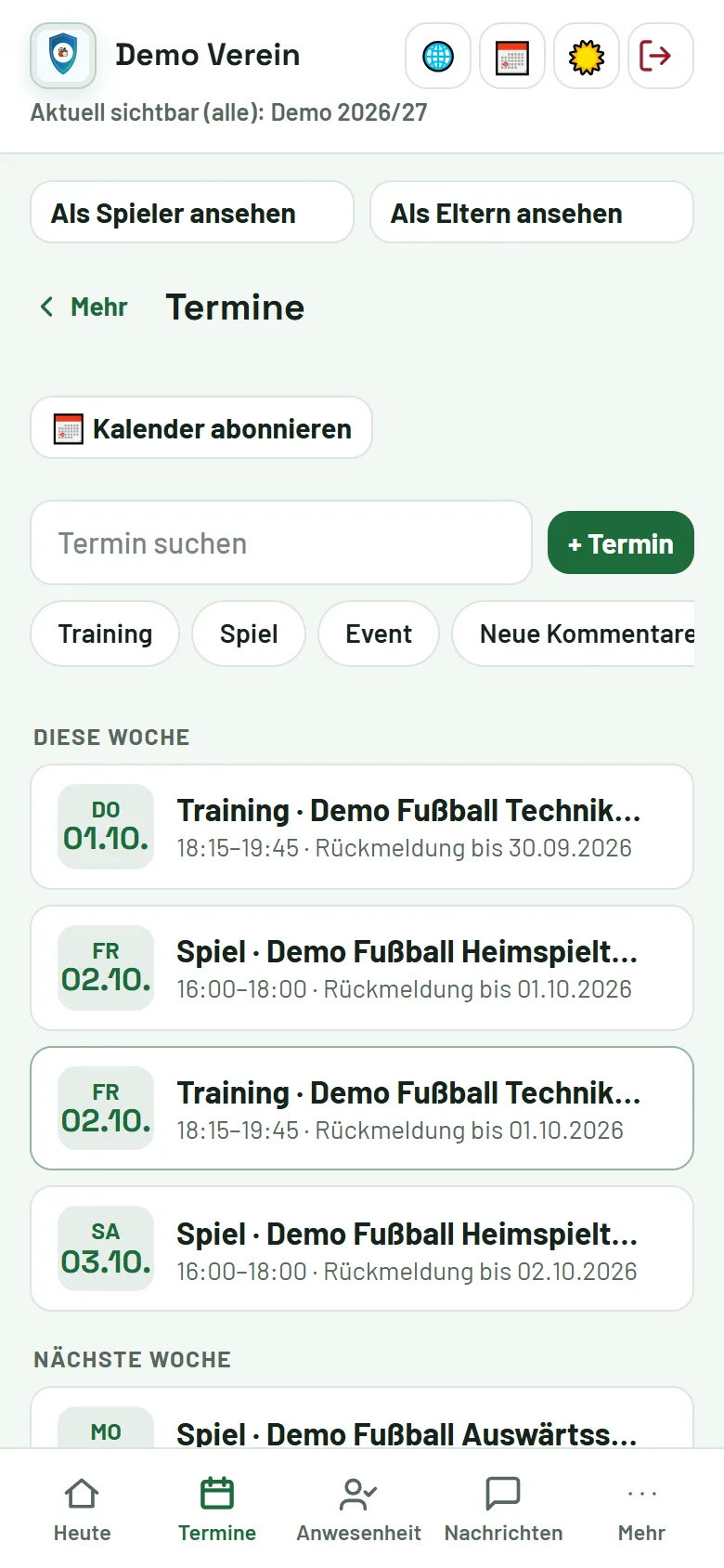 Termine: Karten nach Wochen mit Suche und Filter-Chips