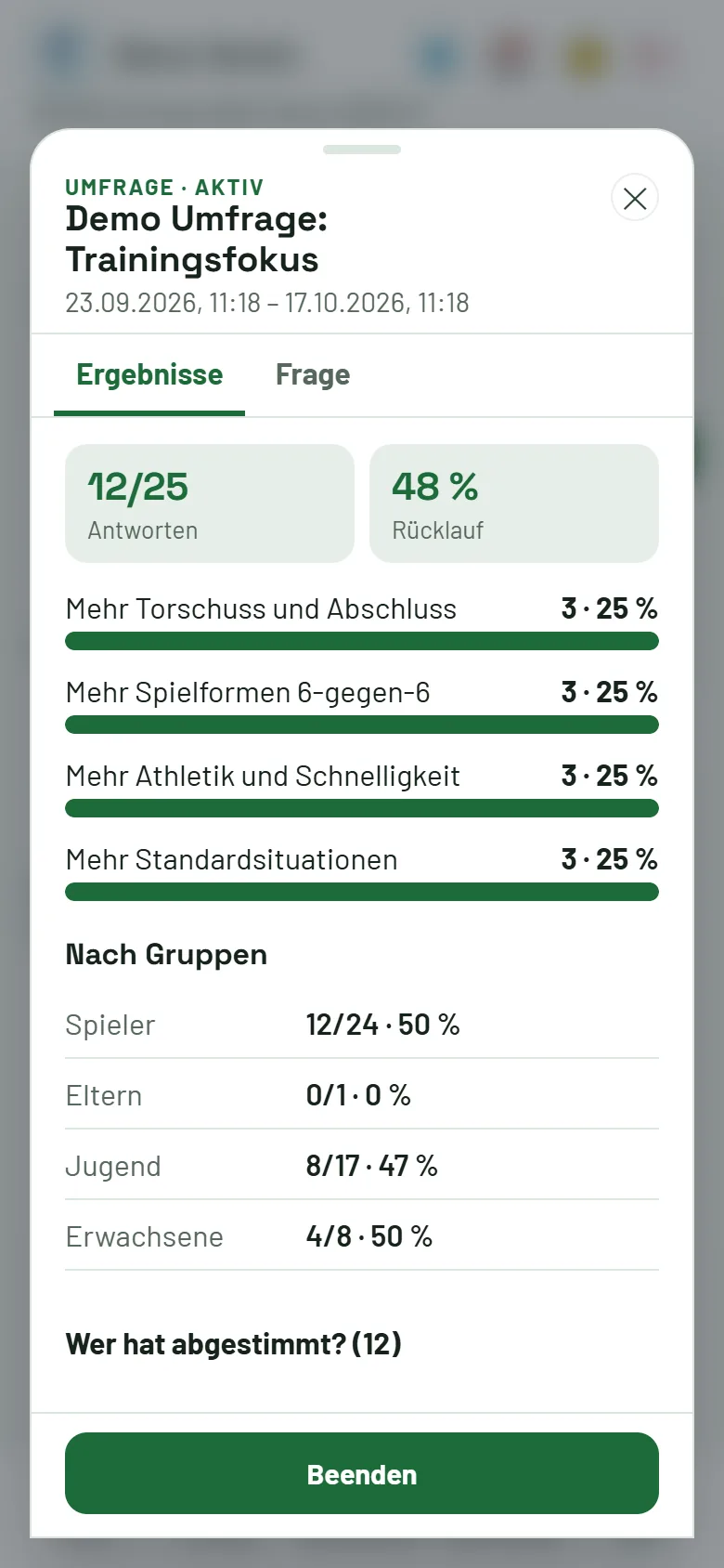 Umfrage-Fenster: Ergebnisse als Balken mit Rücklauf