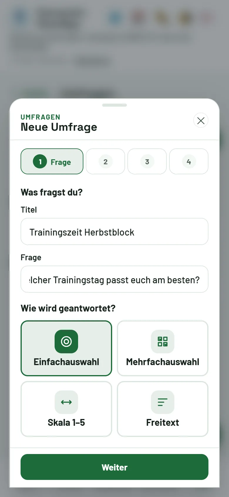 Neue Umfrage, Schritt 1: Titel, Frage und Antworttyp
